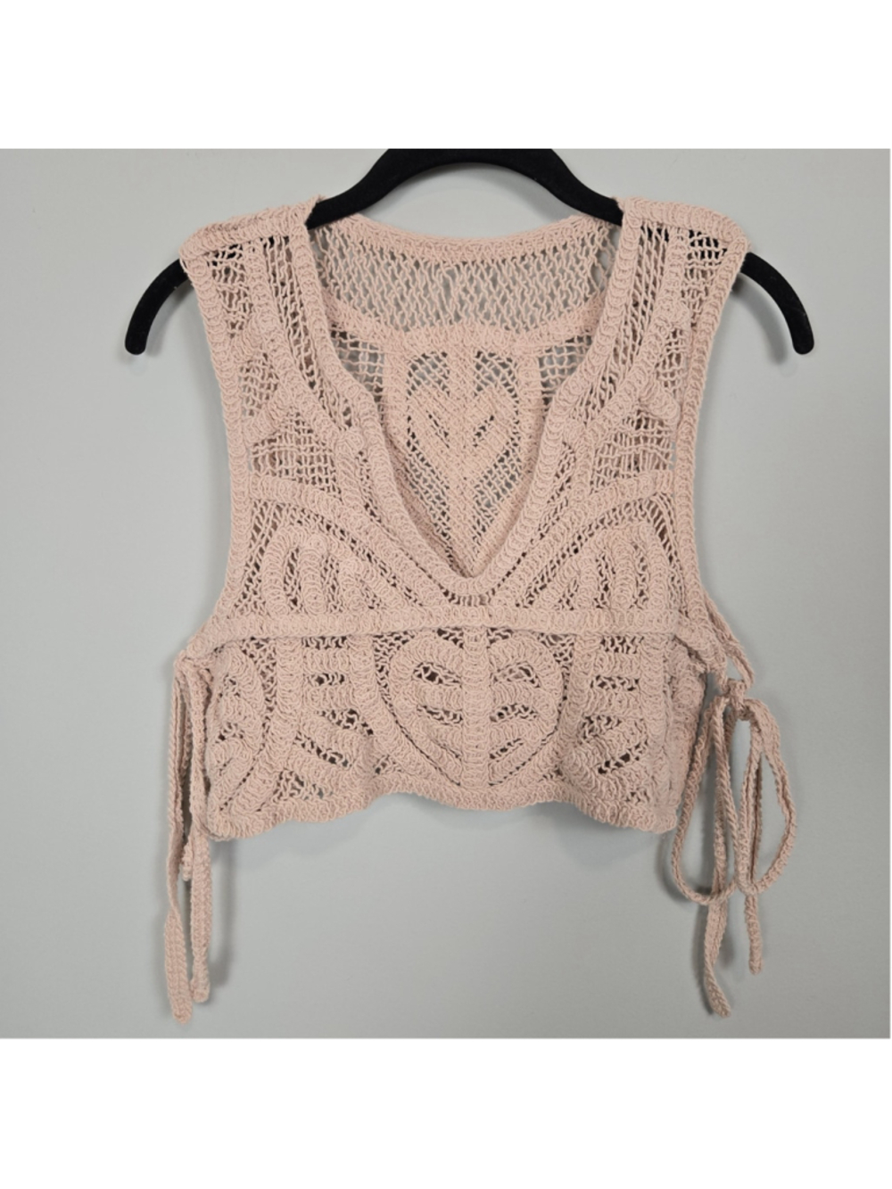 Womens Open Crochet Sleeveless Tie Crop Top One Size Beige Festival Boho Hippie